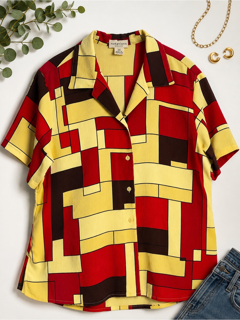 Notations Geometric Block Print Short-Sleeve Shirt - Yellow/Red/Brown